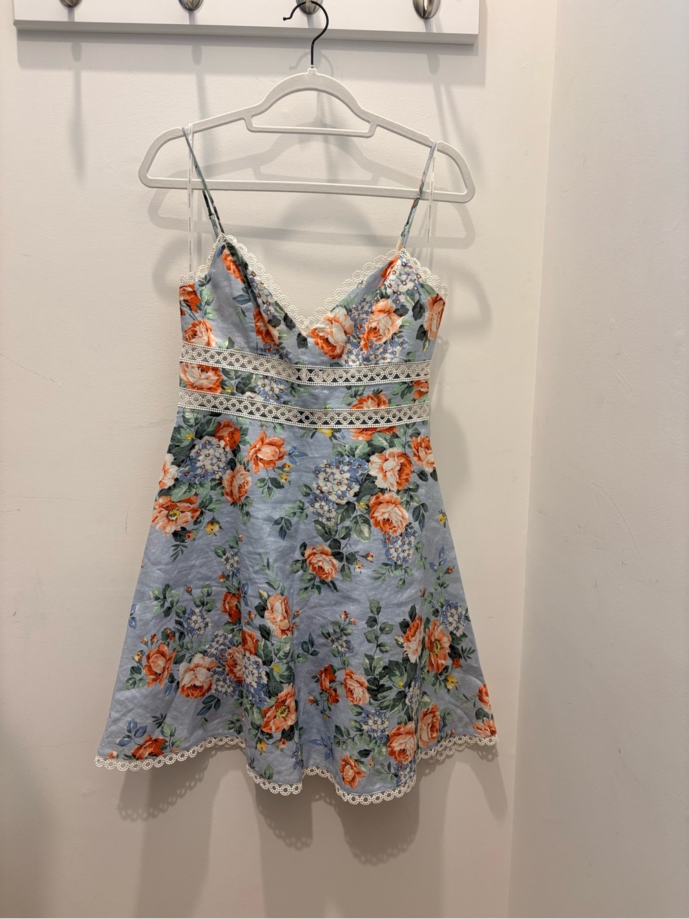 Zimmermann Light Blue Linen Dress with Orange and Green Floral Accents